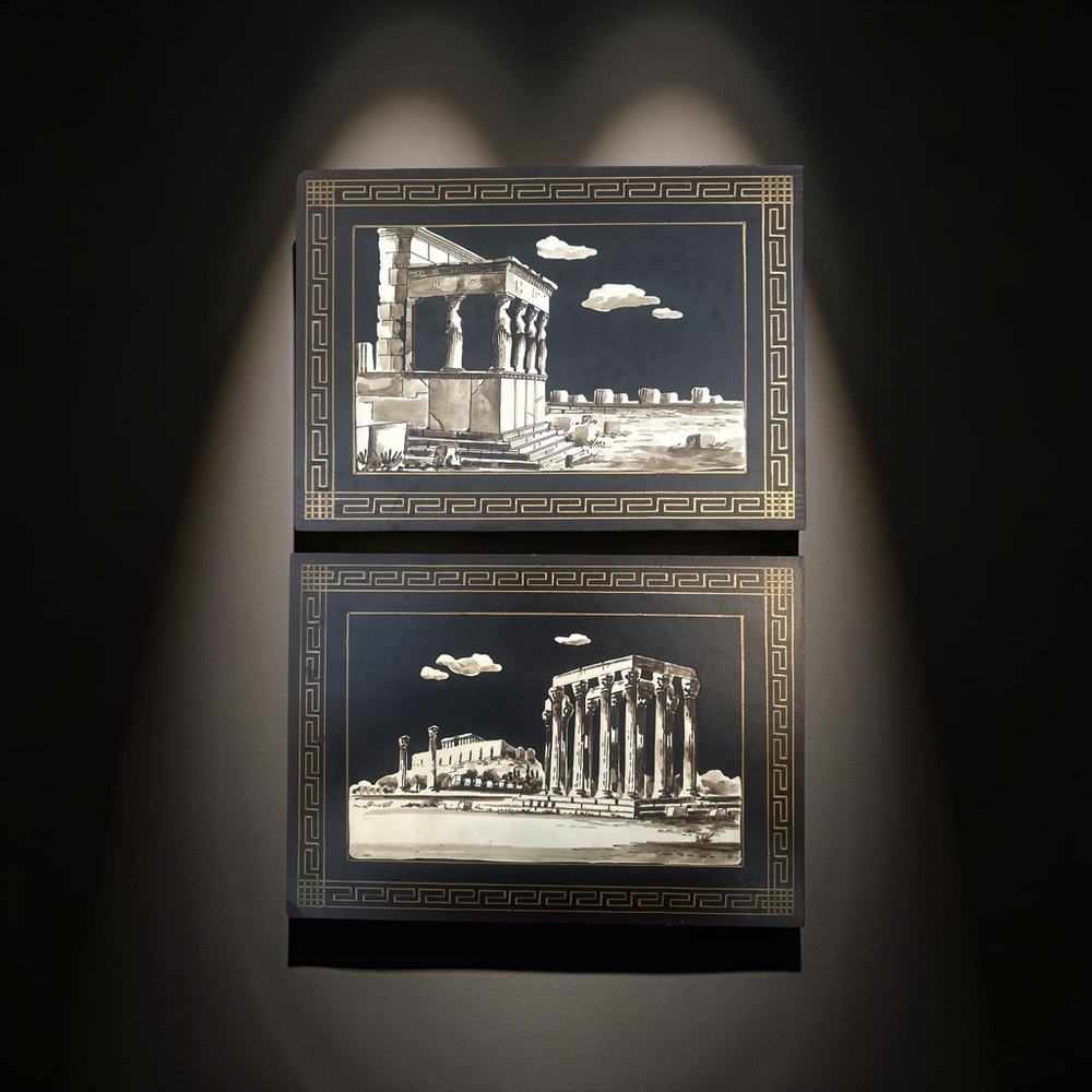 Pair of Original Greek Fintias Painted over Wood Greek Black and Gold